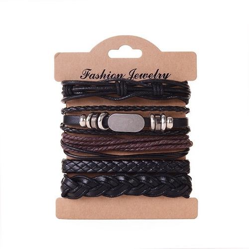 Conjunto Pulsera Brazalete Hombre Moda Cuero 5 En 1 Dije