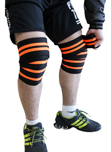 Kit Faixa De Joelho + Strap Largo Mão Puxada Agachamento Cor Preto Com Laranja