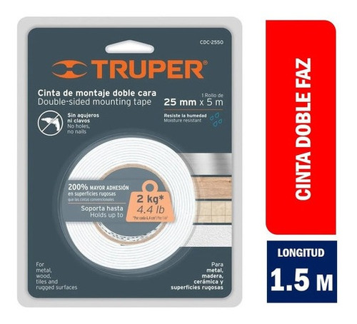 Cinta Doble Faz 18 Mm X 1.5 Metros, Color Blanco - Truper