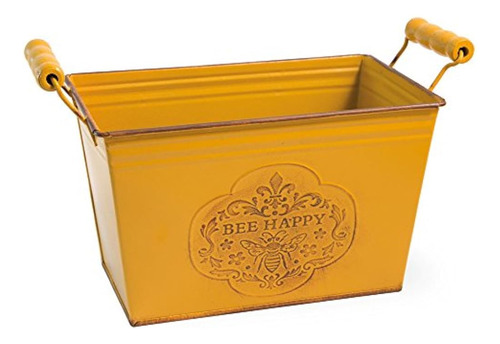 Bee Happy Yellow Rectangle 10 X 6 Pulgadas Metal Plantador E