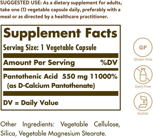 Vitamina B5 Acido Pantoténico 550 Mg Solgar 100 Capsulas