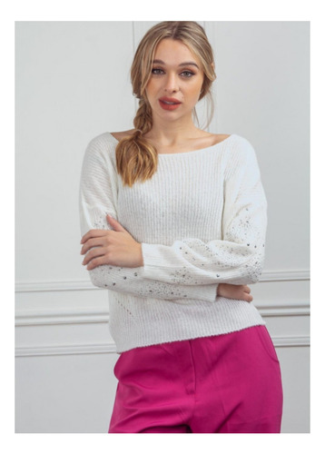 Sweater Lana Mohair Holgado Tachitas En Mangas Cuello Bote