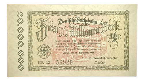 Billete 20000000 Marcos Alemania Notgeld 1923 Ferrocarril