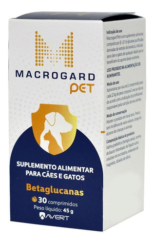 Macrogard Pet 45g Cães E Gatos Betaglucanas 30 Comprimidos