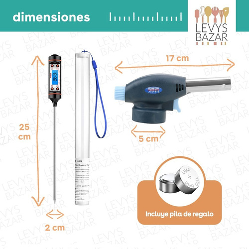 Imagen 4 de 10 de Pack Soplete Flambeador Reposteria + Termometro Digital Pila