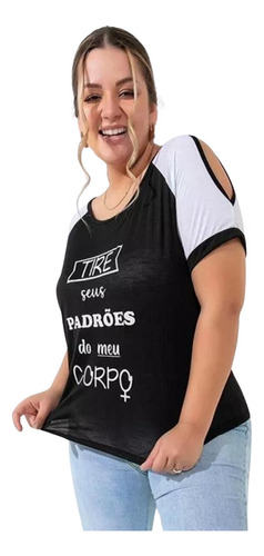 Blusa Preta Feminina Plus Size Ombros Vazados Manga Curta