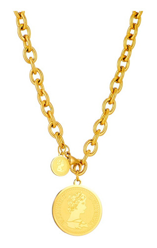 Collar Dije Moneda Reina Isabel Acero Inox Chapa Oro 18k