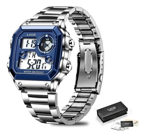 Relógio Masculino Digital Prata Azul Dia Dos Pais Prova D'ág
