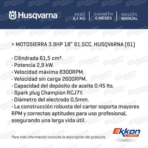 Imagen 2 de 6 de Motosierra Husqvarna 61.5cc Espada Cadena 18pl Podadora 61
