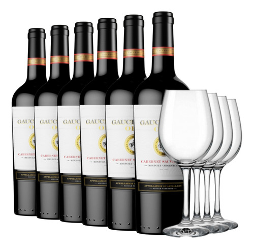 Vino Gauchezco Oro Cabernet Sauvignon X 6 + Copas Cristal