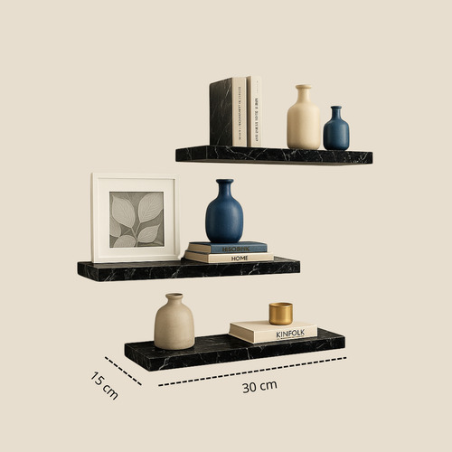 Set De 3 Repisas Flotantes Decorativas Minimalistas Mármol Negro