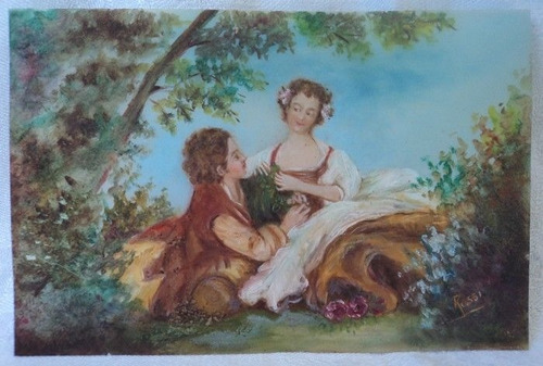 Antigua Pintura Celuloide Firmada Rossi Escena Romantica B10