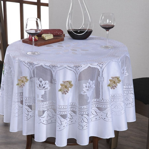 Toalha De Mesa Renda Suzi Flor C/transfer 1,60m De Diâmetro Cor Branco Floral