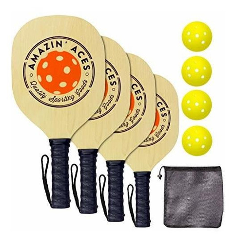 Amazin' Ace Pickleball Juego 4 Paleta Madera Para