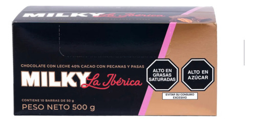 Pack X10 Barra de Chocolate Milky Pecanas Y Pasas 50g La Iberica