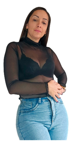 Crop Top Mujer Microtul Corto Sexy Manga Larga Transparente