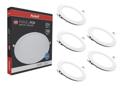 Kit 5 Paineis Led Plafon Embutir 24w Redondo 6500k Branco