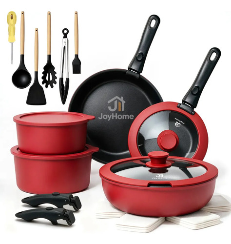 Batería de Cocina JoyHome de Aluminio con Antiadherente y Mangos Desmontables, Set de 21 Piezas en Rojo