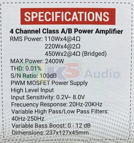 Imagen 6 de 8 de Amplificador De 4 Canales Clase A/b De 450 Watts Rms A 4 Ohm X 2, 1100 Watts Maximons Rock Series Modelo: Rks-p110.4