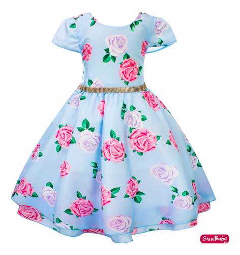 Vestido Infantil Floral Azul Rosa Jardim Encantado Formatura