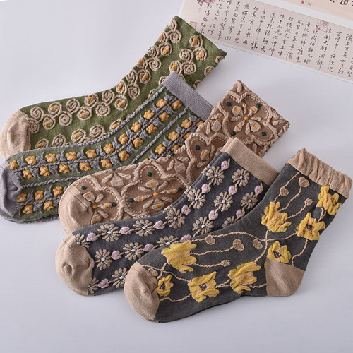 5 Pares De Calcetines Con Textura Floral En 3d, Estilo Retro