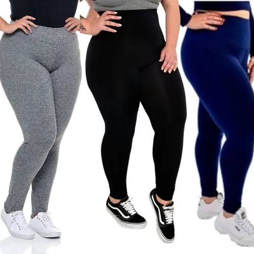 Kit 3 Calças Legging Plus Size PRETO, AZUL MARINHO, MESCLA