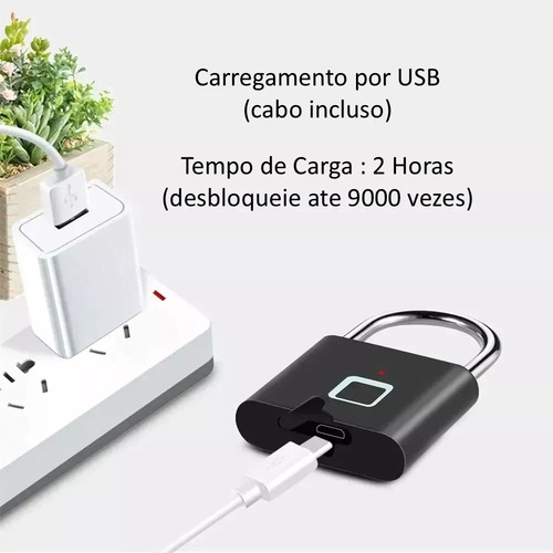 Cadeado Biométrico Recarregável Duração Carga Até 6 Meses Cor Preto