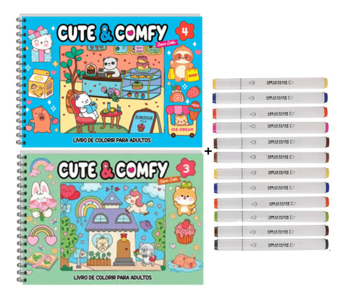 Livros Cute & Comfy Bobbie Goods Edição Verde & Azul + Marcadores 2 Pontas 12 Cores