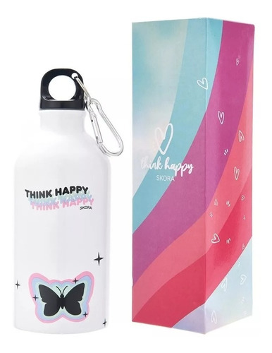 Botella Deportiva Acero Inoxidablee A Rosca Think Happy Mca Color Blanco