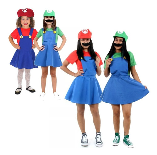 Fantasia Mario Luigi Feminina  Saia Boina Bigode 