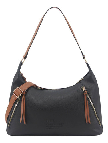 Cartera Amayra Hobo Bolsillos Frontales y Dorsal Cuero Color Negro Liso