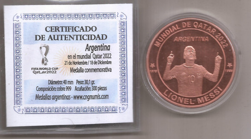 Medalla De Cobre 999 Messi Copa Del Mundo Qatar 30 Grs