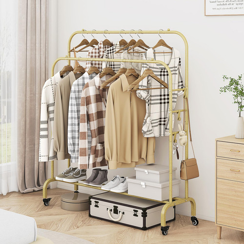 Perchero Con Ruedas Doble Altura Ensamblable 1m Ocre/gold