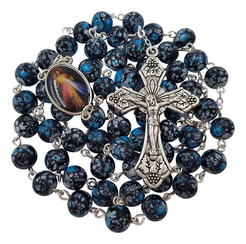 Collar De Rosario Católico Con Vidrio Azul Y Negro Medallas