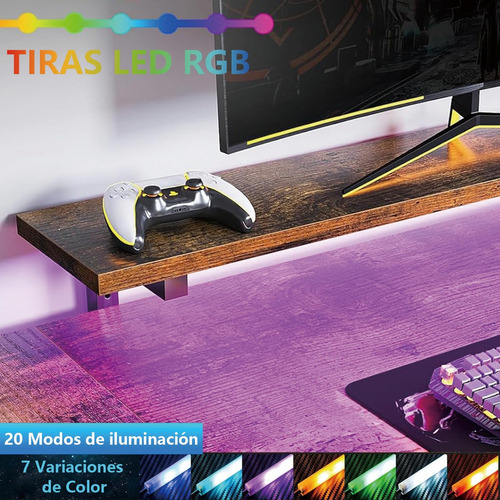 Escritorio Gamer Reversible Grande U Con Luz Led Y 4 Cajones Marrón
