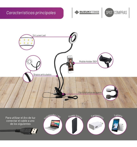 Imagen 6 de 9 de Aro De Luz Led Celular Soporte 2 En 1 Suzuki Time
