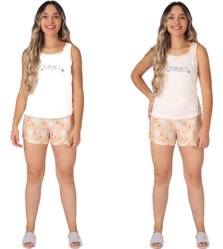 Kit 2 Pijamas Blusa Camiseta E Short Feminino Verão Malhas