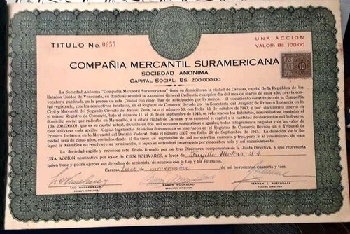 Dificil Titulo Accion Mercantil Suramericana Año 1943 Caracs