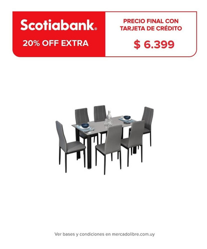 Juego De Comedor Mesa  6 Sillas Tapizadas Caño Tapa Vidrio