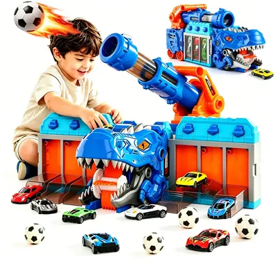 Caminhão Dinossauro Que Come Carros - Brinquedo Com Lançador,Com 6 Bolas EVA e 6 Pequenos,Azul