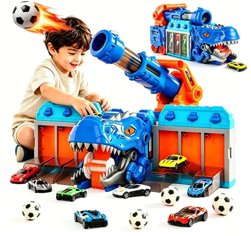 Caminhão Dinossauro Que Come Carros - Brinquedo Com Lançador,Com 6 Bolas EVA e 6