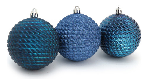 Conj 6 Bolas Árvore De Natal Azul Listras Brancas Brilho Bola Brilho Glamour