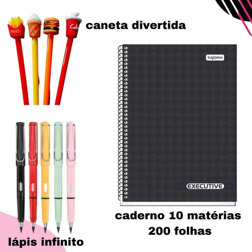 Kit Caderno + Lápis Caneta Escola Volta Aula Estudar Anotar