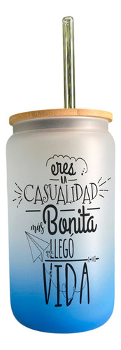 Vaso Vidrio Con Tapa De Bambú Varios Colores Con Frase Amor Azul/ Casualidad
