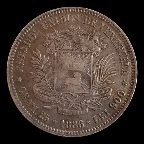 Moneda De Venezuela, 5 Bolívares 1886 (fuerte De Colección)