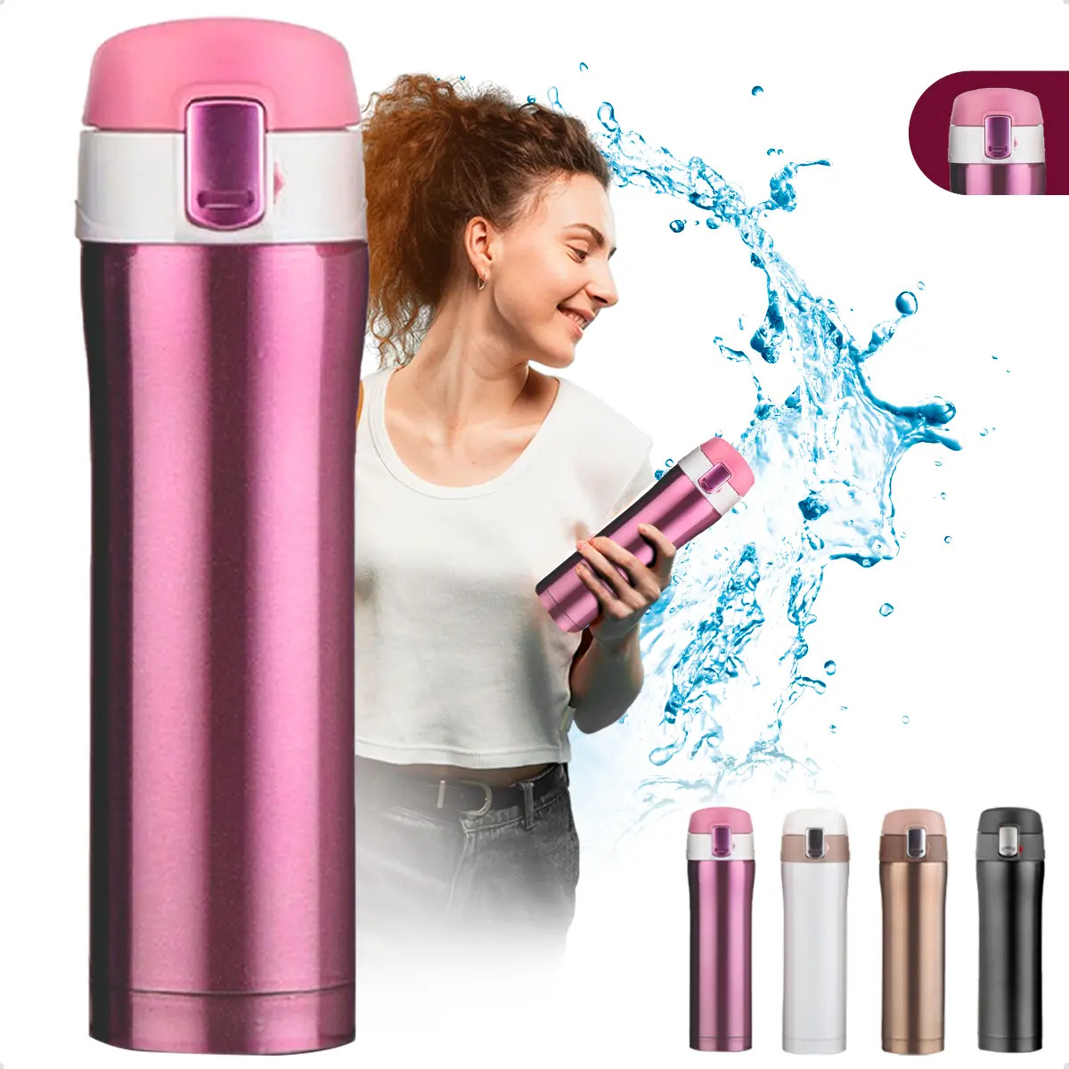 Garrafa Térmica 500ml Bebidas Quentes E Frias Cor Rosa Portátil Isolamento De Aço Inoxidável 304 Térmico Antiderrapante
