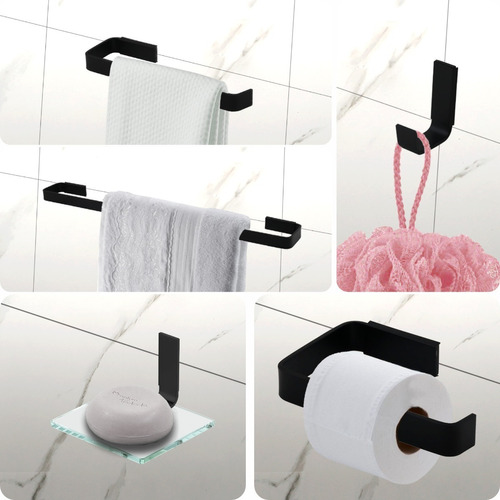Imagem 1 de 8 de Kit Acessorios Para Banheiro Quadrado 5 Peças Preto Fosco