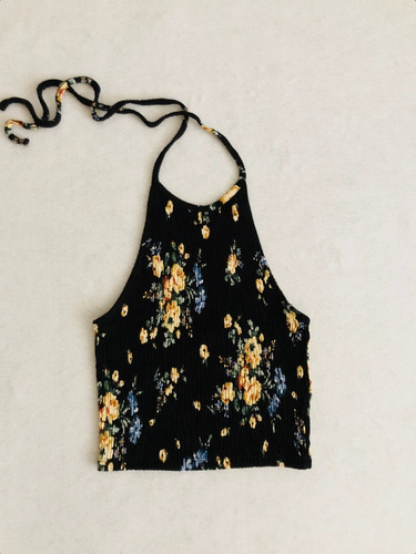 Crop Top Halter Negro De Flores Super Stretch Stradivarius