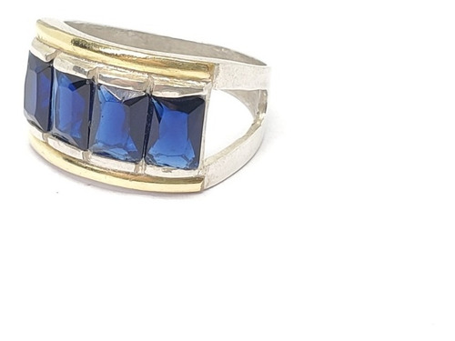 Imagen 2 de 9 de Anillo Plata Y Oro Piedra 4 Baguette Azul