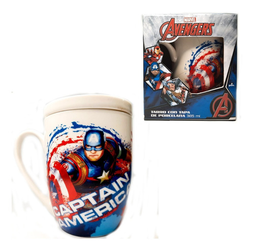 Taza Tarro Con Tapa De Ceramica Avengers Marvel 385ml